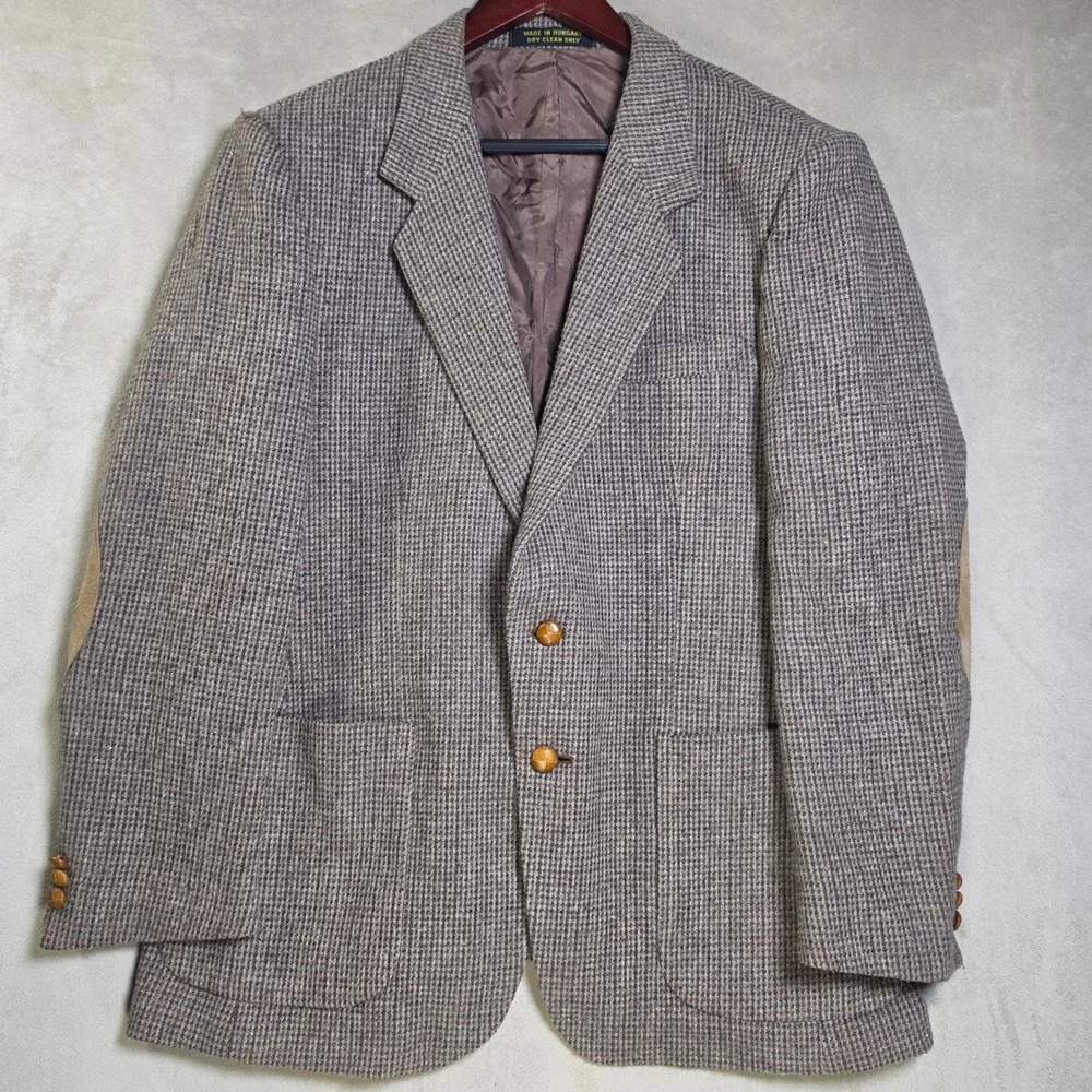 Jaguar Mens Vintage Tweed Blazer Brown Tan Suede Elbow Patches Hungary 40